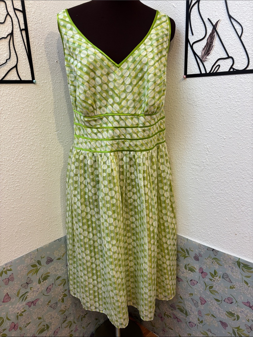 Vintage 1990’s Robbie Bee lime green striped white polka dot dress. Size 18W.